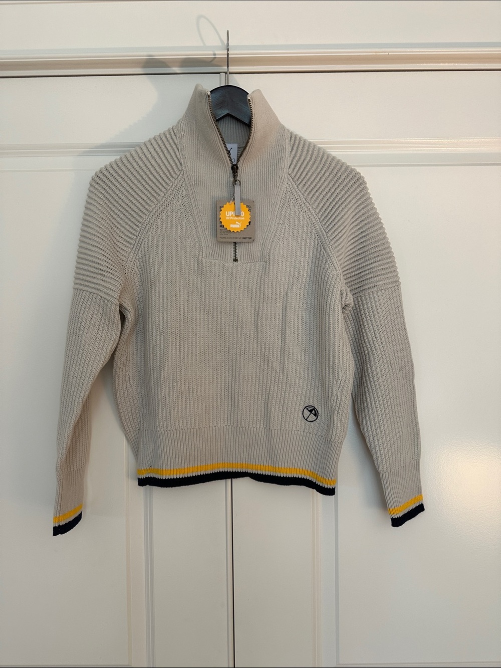 NWT Puma Golf Half-Zip Sweater Light Beige with Yellow & Navy Trim size small